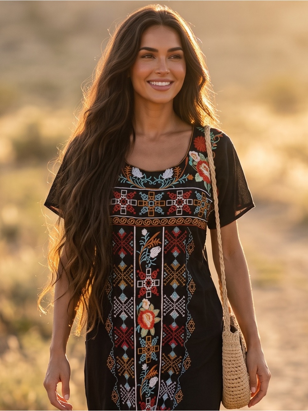 Bohemian Black hand Embroidered Maxi Dress with Floral Motif